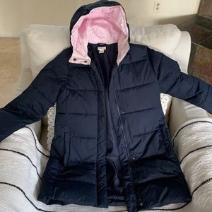Navy blue Crewcuts puffer jacket with pink fabric in hood.